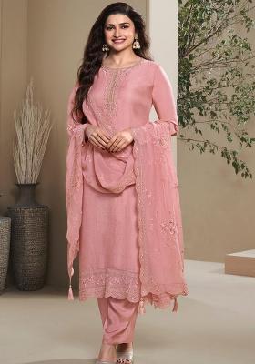 Peach Embroidered Crepe Salwar Kameez Set