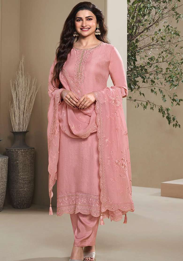 Peach Embroidered Crepe Straight Kurta Set - Indya