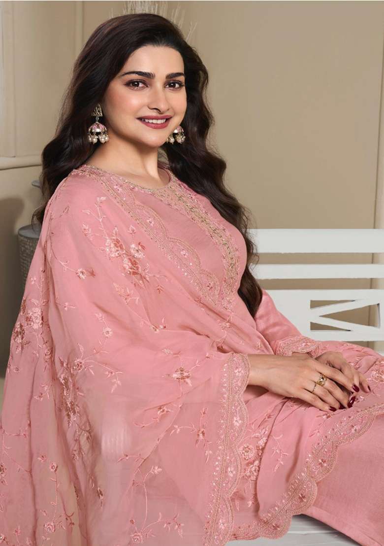 Peach Embroidered Crepe Straight Kurta Set - Indya
