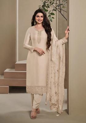 Beige Embroidered Crepe Salwar Kameez Set