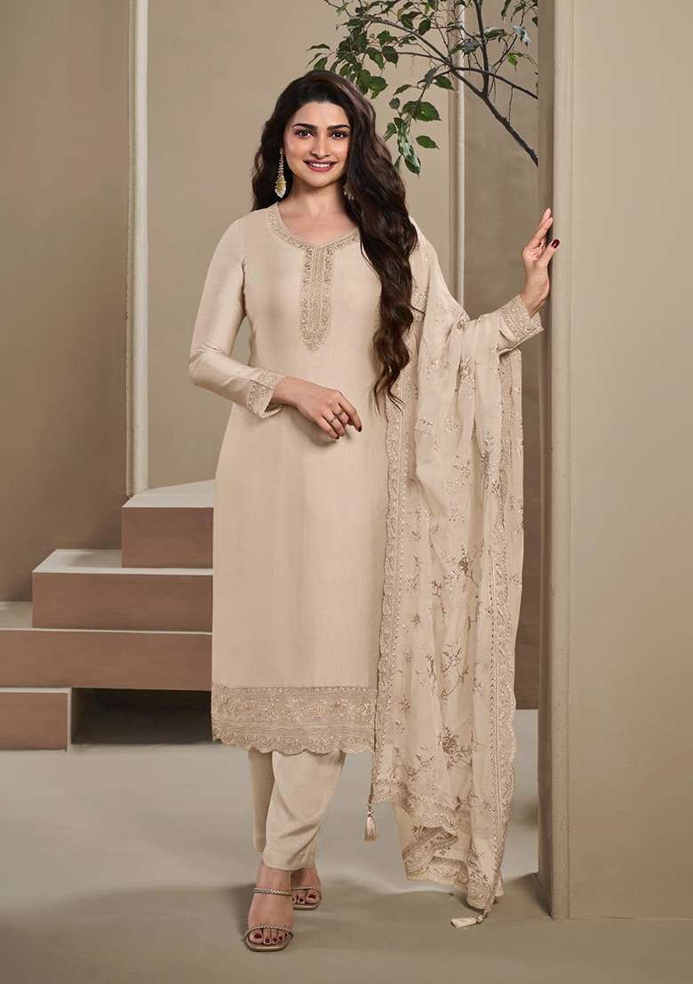 Beige Embroidered Crepe Pakistani Suit Set - Indya