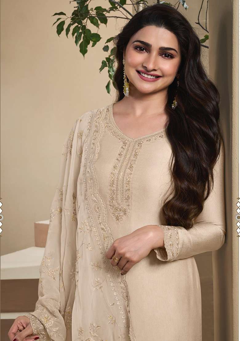 Beige Embroidered Crepe Pakistani Suit Set - Indya