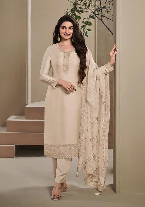 Beige Embroidered Crepe Salwar Kameez Set