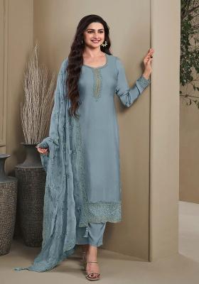 Blue Embroidered Crepe Straight Kurta Set