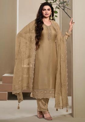 Brown Embroidered Crepe Straight Kurta Set
