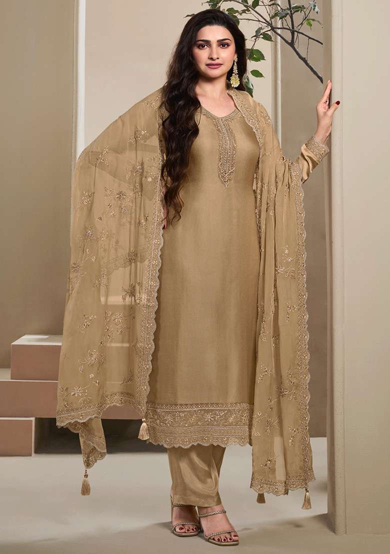 Brown Embroidered Crepe Straight Kurta Set - Indya