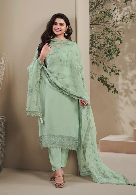 Green Embroidered Crepe Salwar Kameez Set