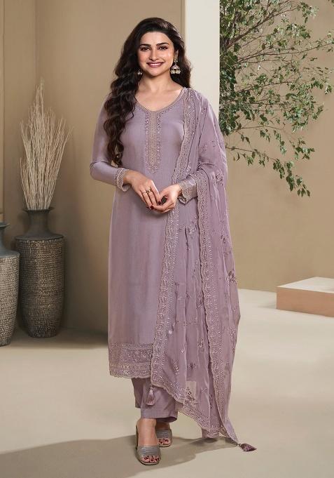 Purple Embroidered Crepe Salwar Kameez Set