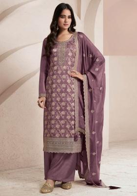 Purple Embroidered Viscose Straight Kurta Set