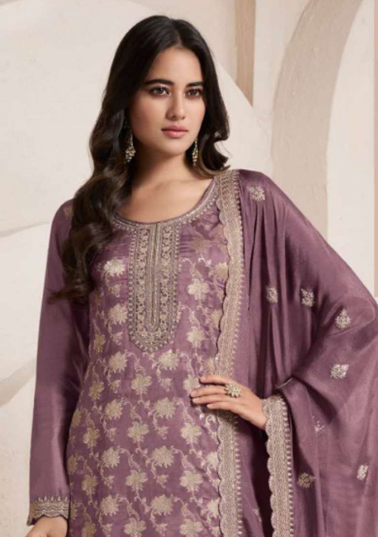 Purple Embroidered Viscose Straight Kurta Set - Indya