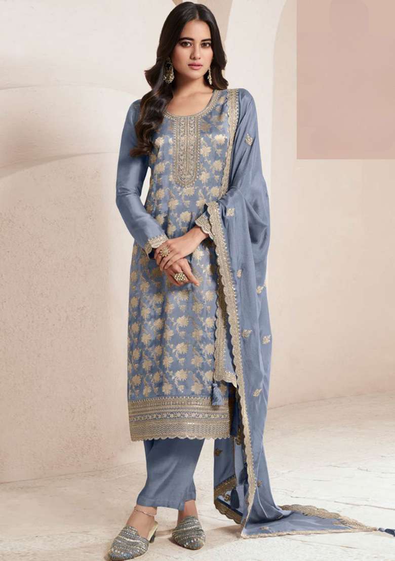 Blue Embroidered Viscose Pakistani Suit Set - Indya