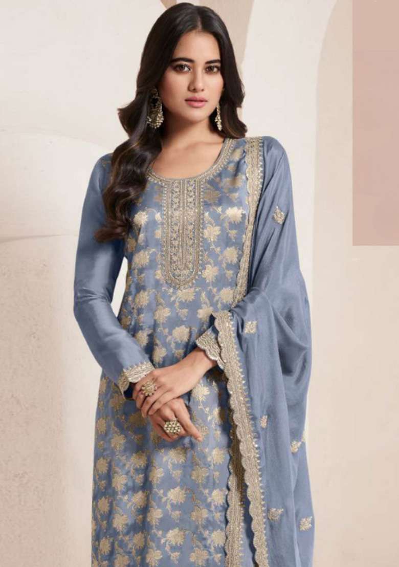 Blue Embroidered Viscose Pakistani Suit Set - Indya