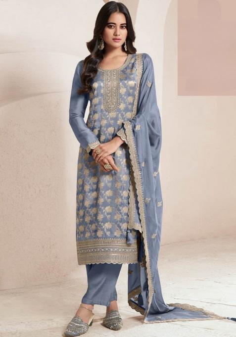 Blue Sequins Viscose Salwar Kameez Set