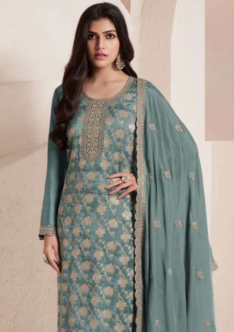 Sky Blue Jacquard Viscose Pakistani Suit Set - Indya