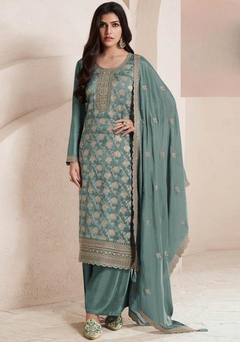 Sky Blue Sequins Viscose Salwar Kameez Set