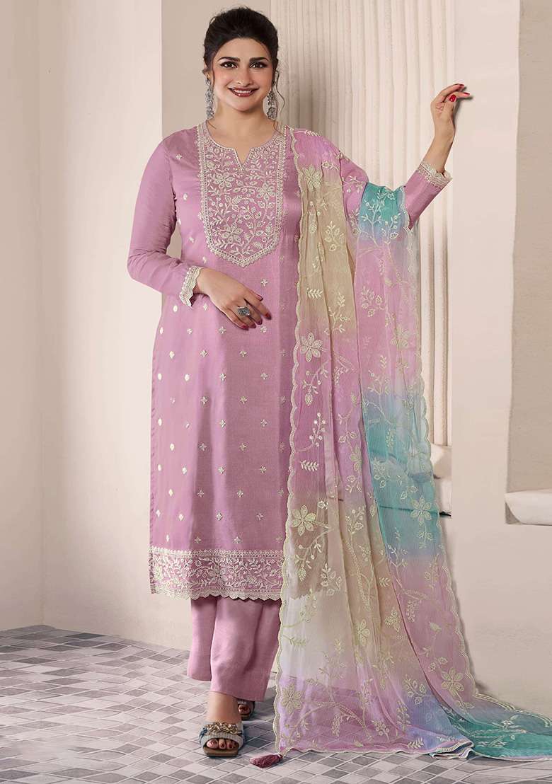Purple Embroidered Silk Blend Straight Kurta Set - Indya
