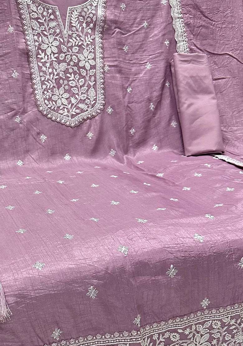 Purple Embroidered Silk Blend Straight Kurta Set - Indya