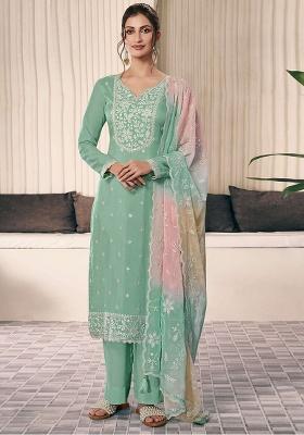 Green Embroidered Silk Salwar Kameez Set