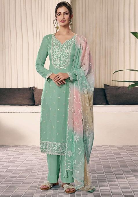 Green Embroidered Silk Salwar Kameez Set
