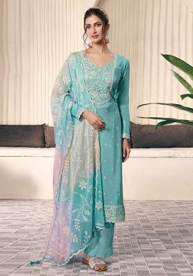 Sky Blue Embroidered Silk Salwar Kameez Set
