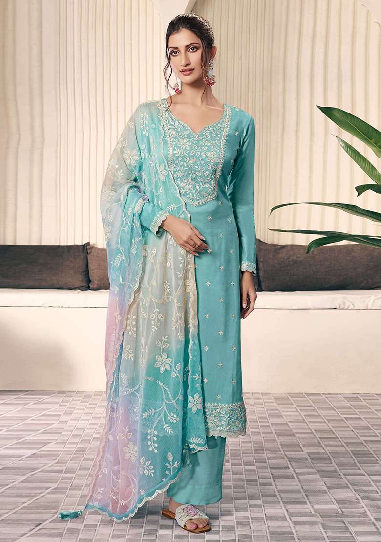 Sky Blue Embroidered Silk Pakistani Suit Set - Indya