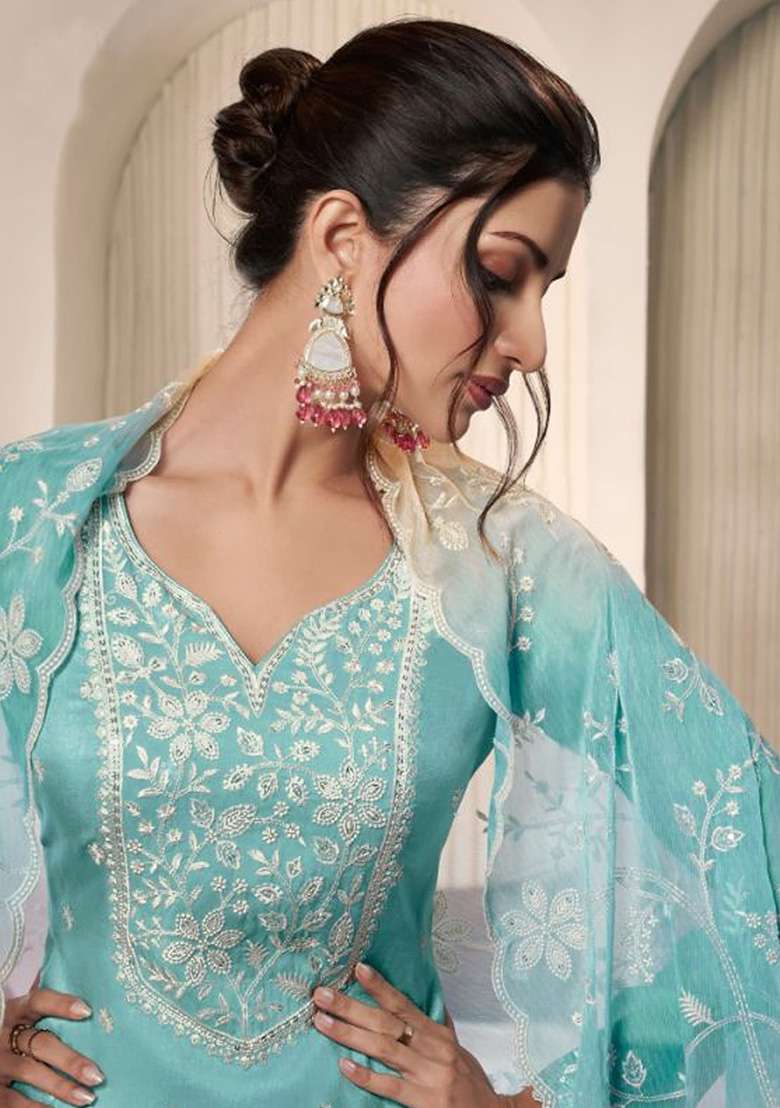 Sky Blue Embroidered Silk Pakistani Suit Set - Indya