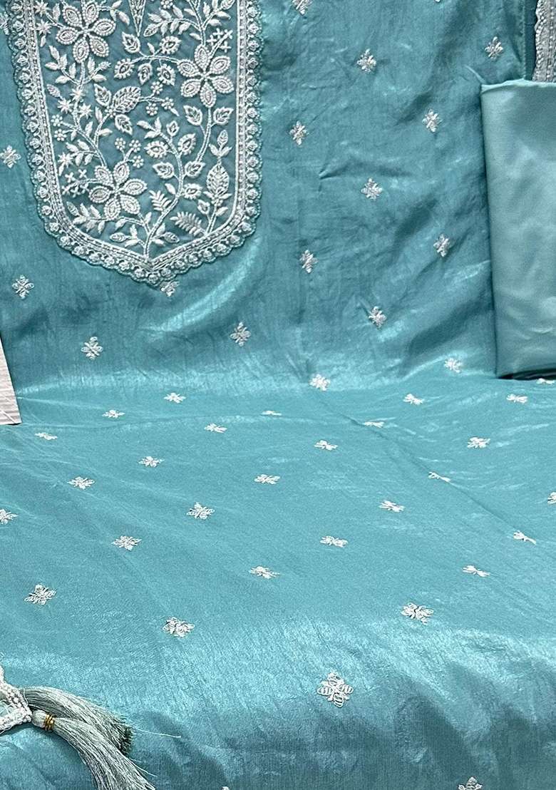 Sky Blue Embroidered Silk Pakistani Suit Set - Indya