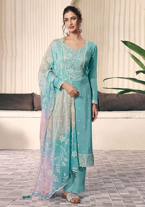 Sky Blue Embroidered Silk Salwar Kameez Set