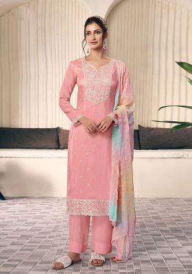Peach Embroidered Silk Straight Kurta Set