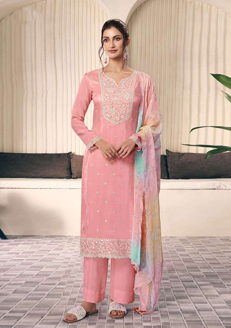 Peach Embroidered Silk Blend Straight Kurta Set - Indya