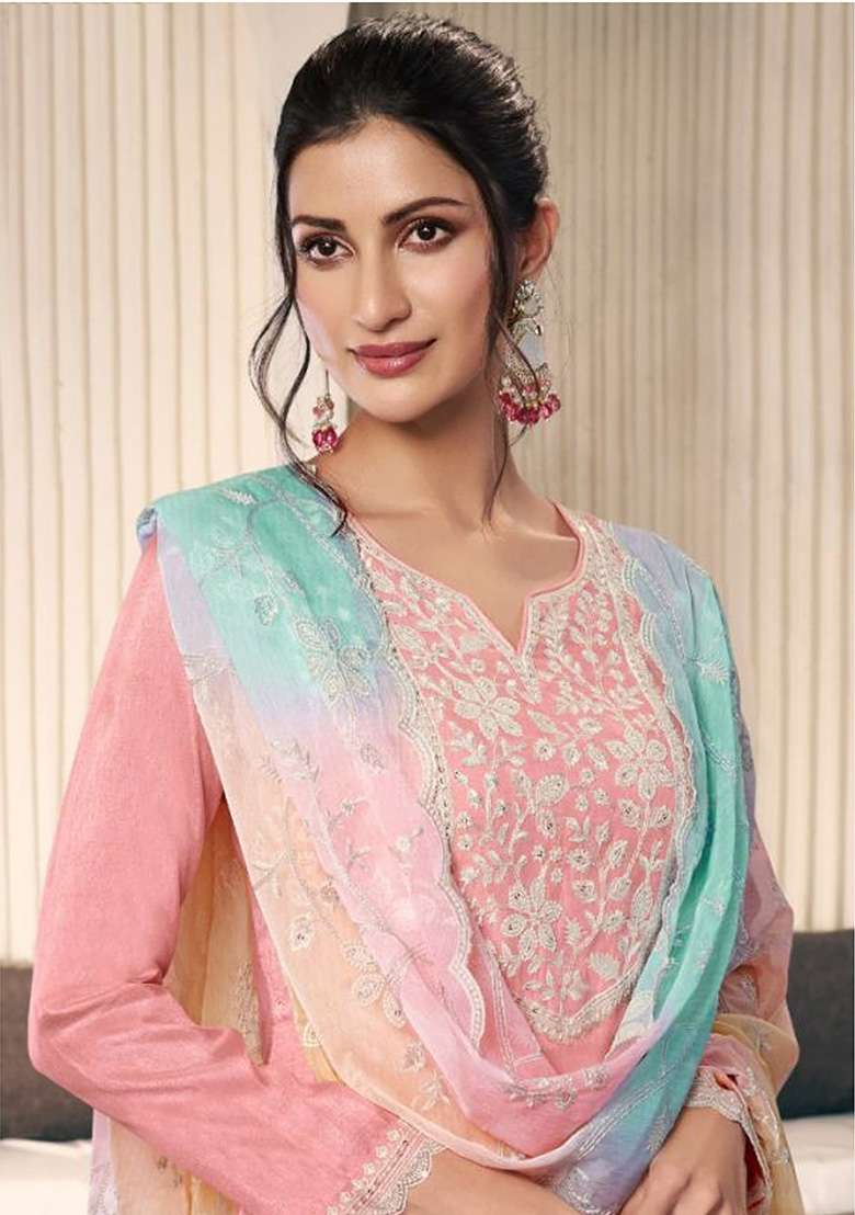 Peach Embroidered Silk Blend Straight Kurta Set - Indya