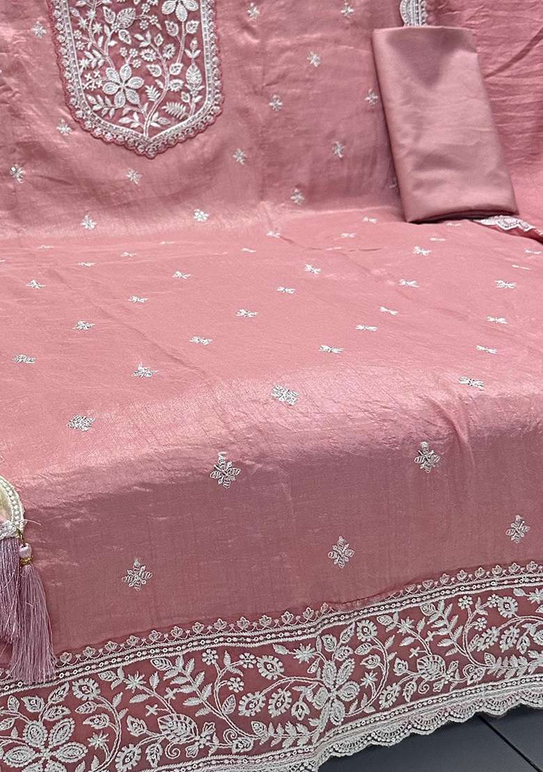 Peach Embroidered Silk Blend Straight Kurta Set - Indya