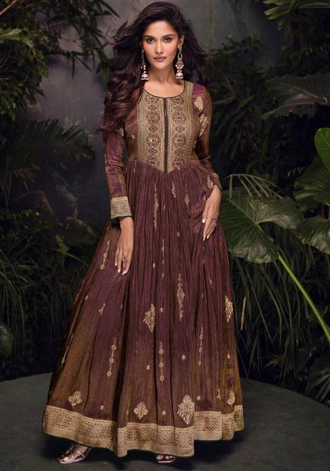 Brown Embroidery Silk Anarkali With Dupatta