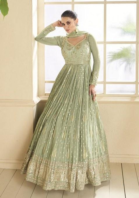 Pista Green Embroidery Silk Anarkali With Dupatta