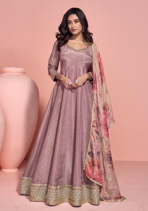 Pink Embroidery Silk Anarkali With Dupatta