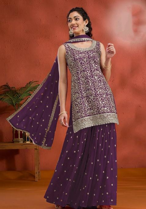 Wine Embroidered Georgette Kurta Set