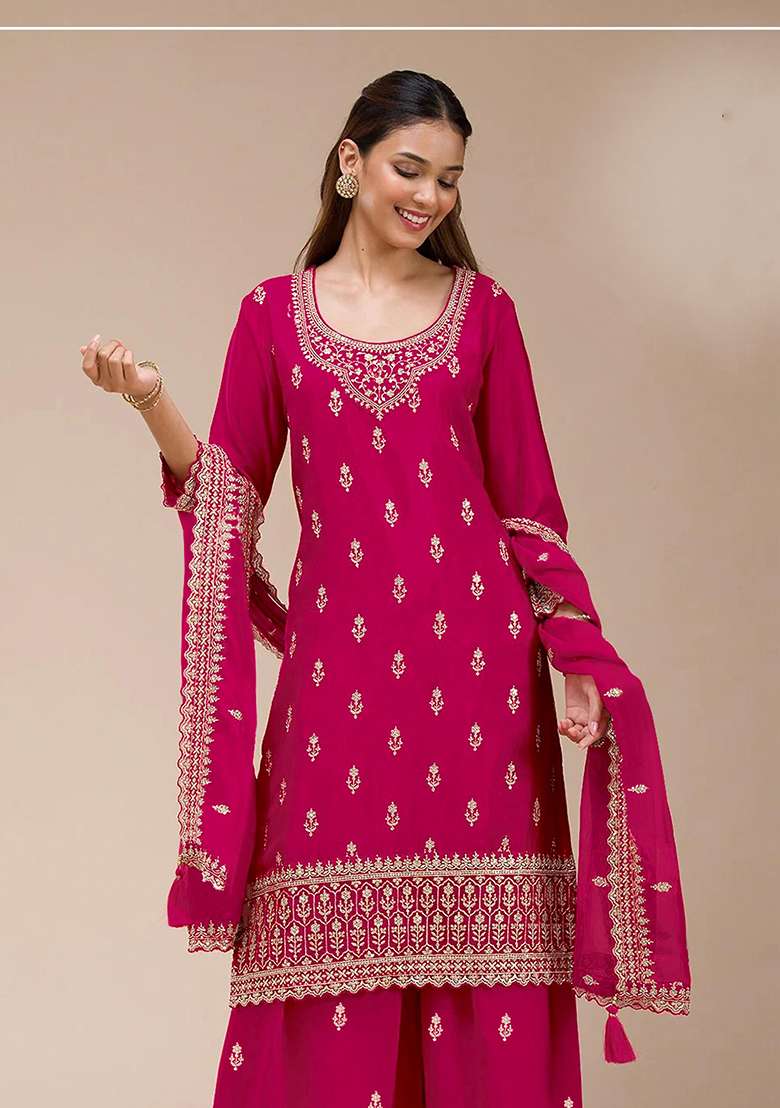 Pink Embroidered Georgette Kurta Set - Indya