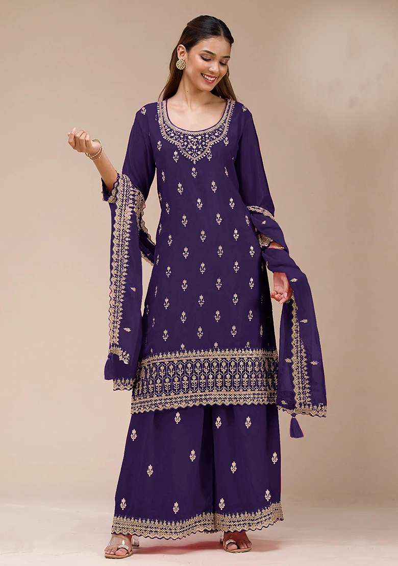 Purple Embroidered Georgette Kurta Set - Indya