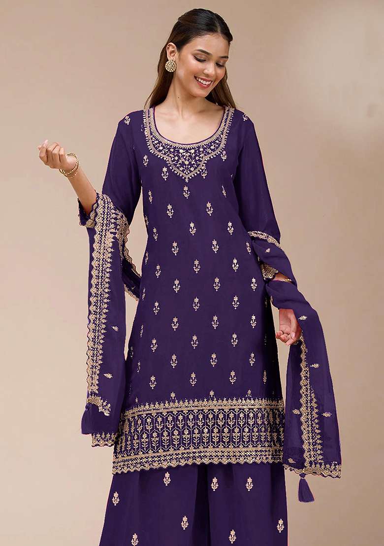 Purple Embroidered Georgette Kurta Set - Indya