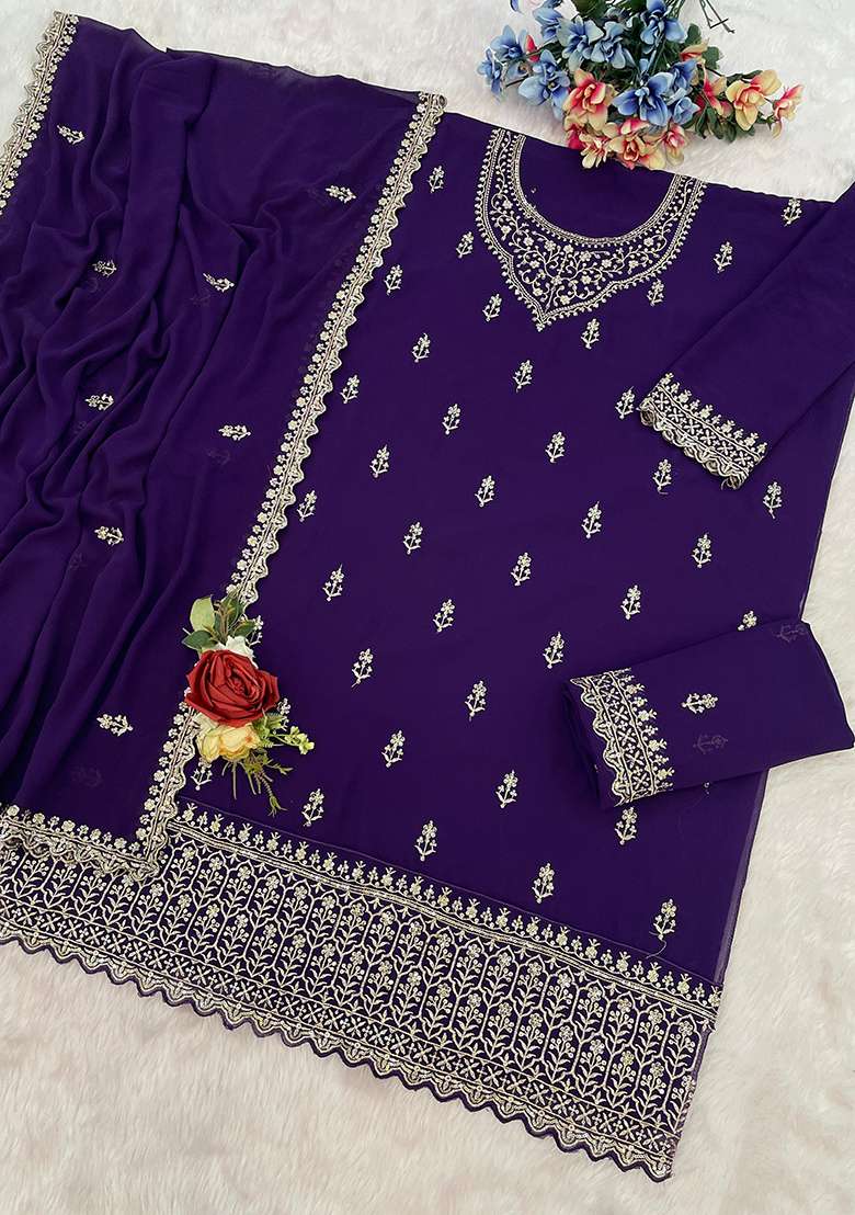 Purple Embroidered Georgette Kurta Set - Indya