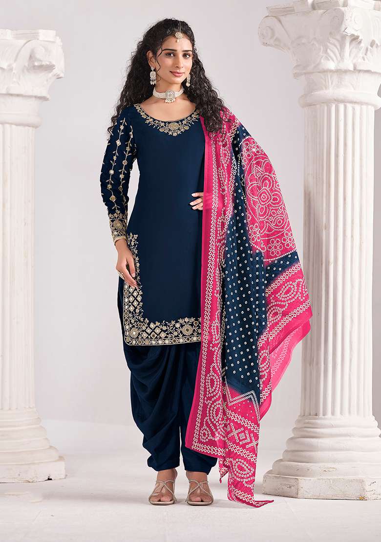 Blue Embroidery Silk Salwar Suit - Indya
