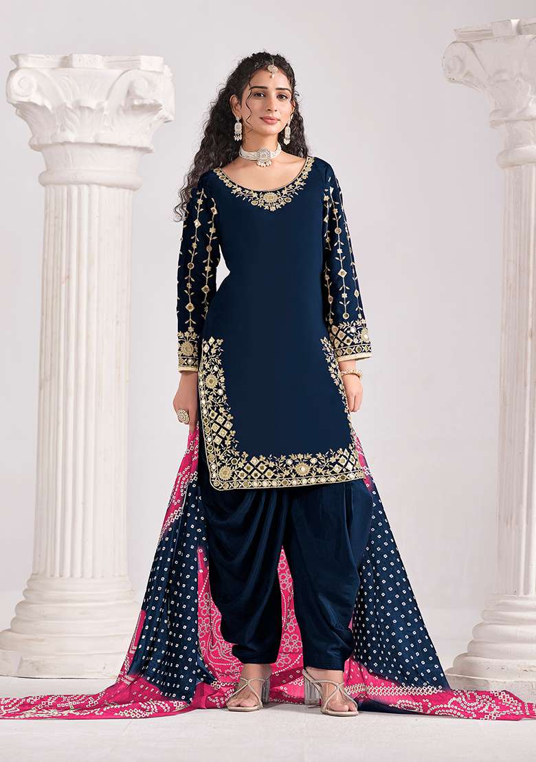 Blue Embroidery Silk Salwar Suit - Indya