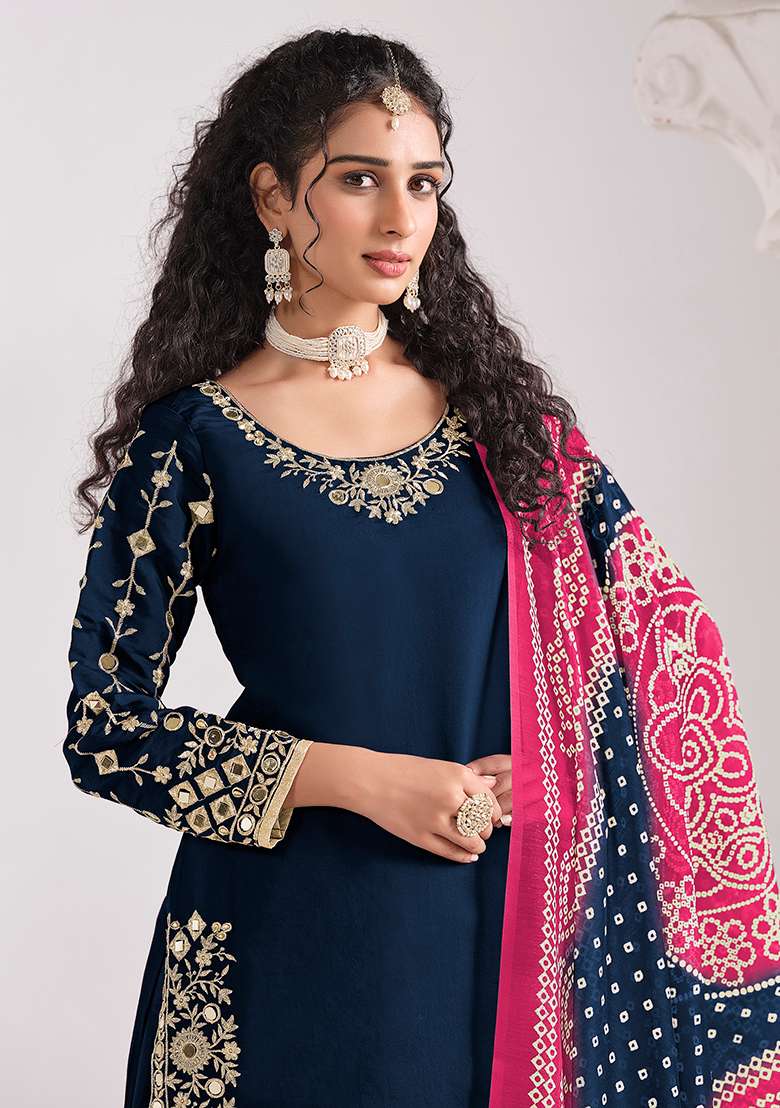 Blue Embroidery Silk Salwar Suit - Indya