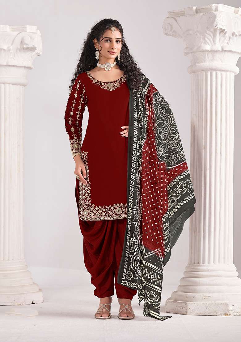 Maroon Embroidery Silk Salwar Suit - Indya