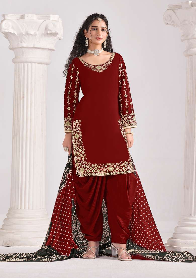 Maroon Embroidery Silk Salwar Suit - Indya