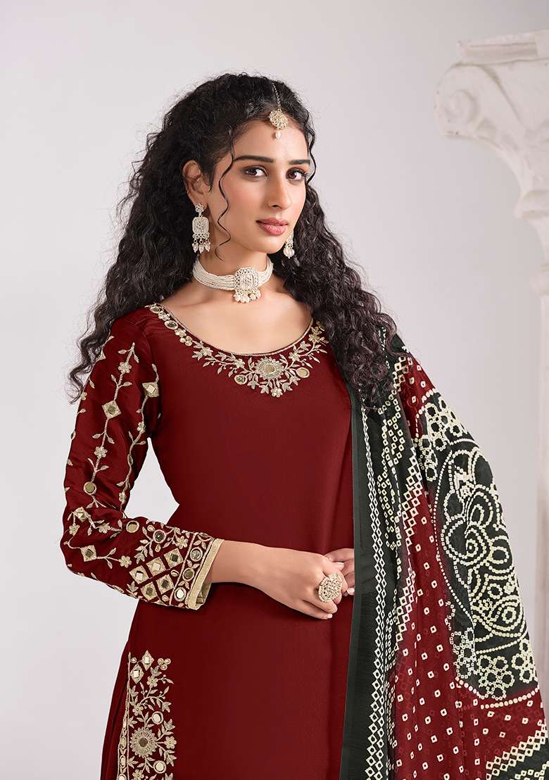 Maroon Embroidery Silk Salwar Suit - Indya