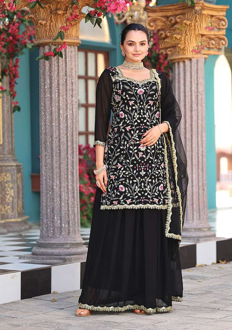 Black Embroidery Georgette Salwar Suit - Indya