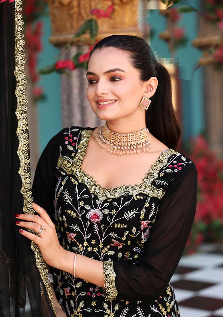 Black Embroidery Georgette Salwar Suit - Indya