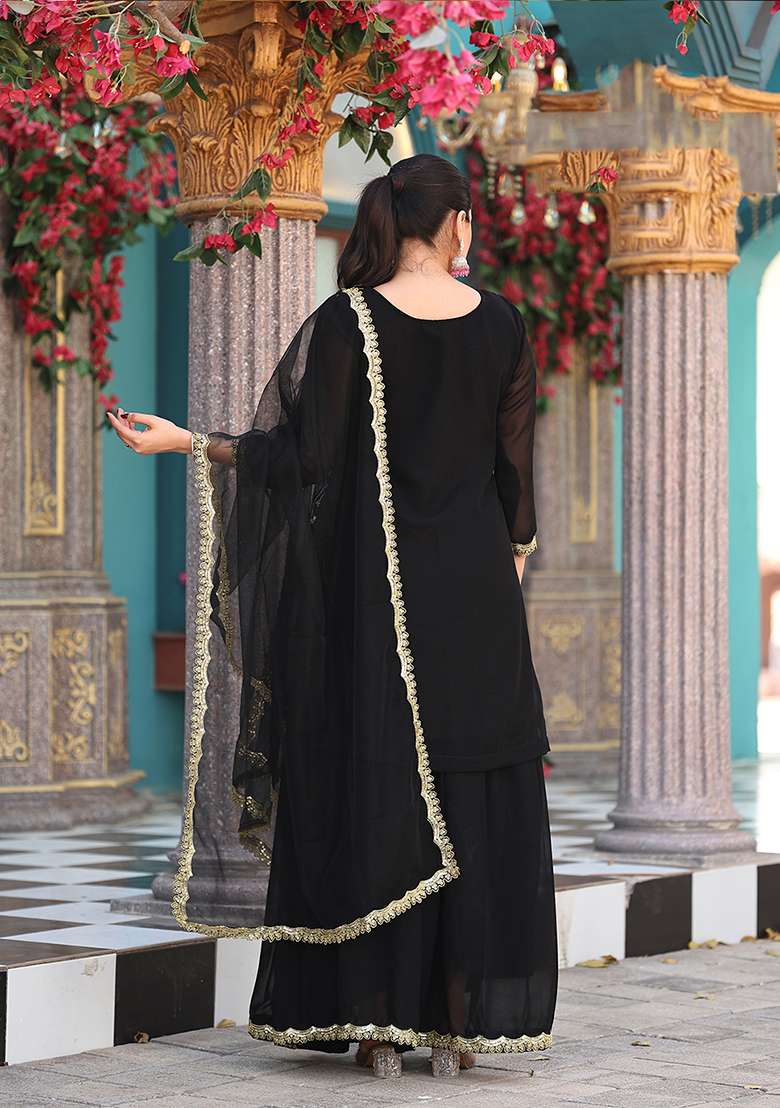 Black Embroidery Georgette Salwar Suit - Indya