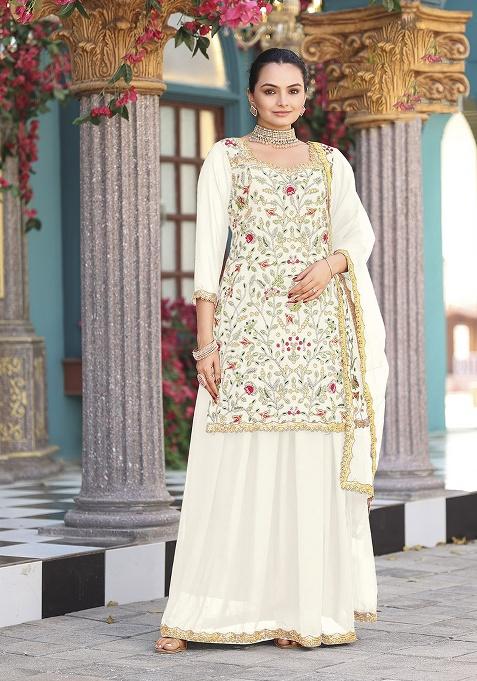 Off White Embroidery Georgette Salwar Suit